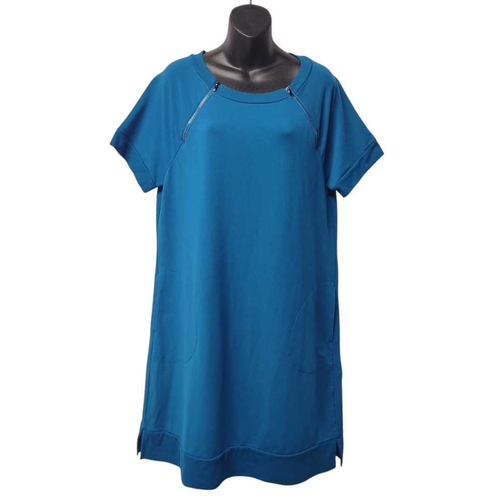 Chico's Zenergy Blue Short Sleeve Tunic Dress Sz 2 (US 12/14) Pockets Zippers